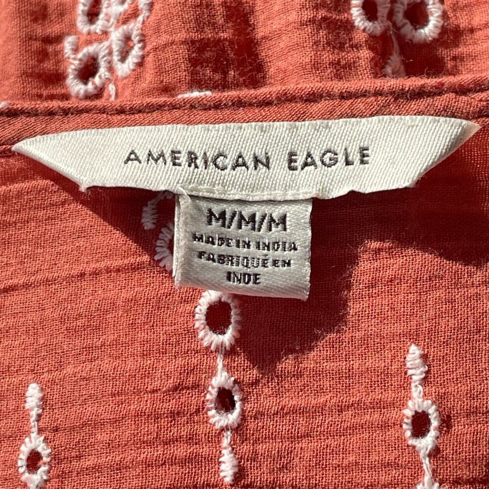 American Eagle Rust Embroidered Babydoll Peasant Blouse Balloon Sleeve M - Picture 5 of 12